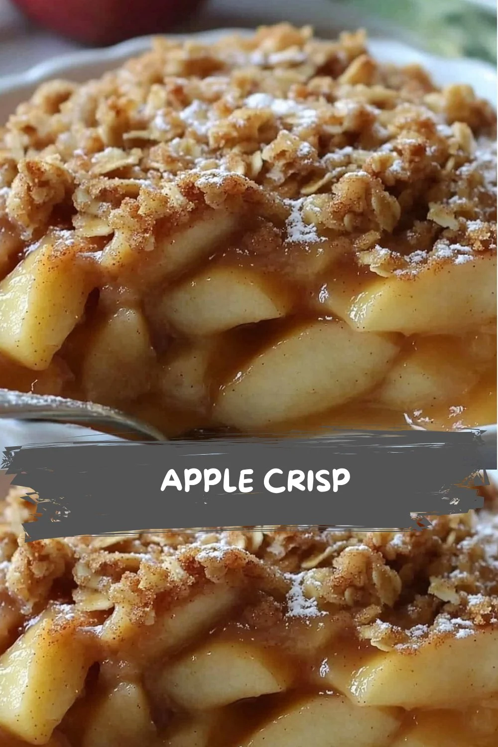 Apple Crisp 2 Homemade Apple Crisp topped with oats and cinnamon, served in a rustic dish.