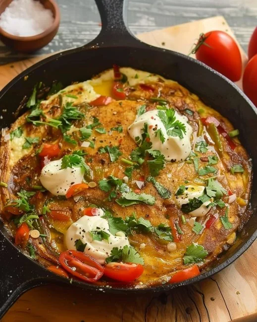 Delicious Afghan Omelette made with seasoned eggs and fresh vegetables