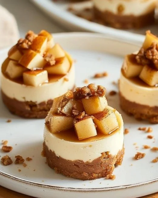 Delicious apple crisp mini cheesecakes topped with crunchy crumble