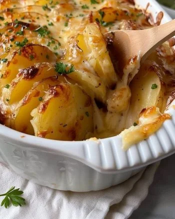 Delicious Au Gratin Potatoes topped with melted cheese and baked to perfection.