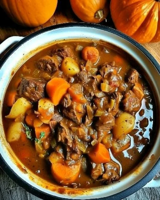 A bowl of Autumn Harvest Beef Stew filled with vegetables and tender beef chunks