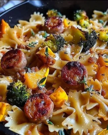 Delicious Autumn Sausage Pasta featuring Butternut Squash and Brussels Sprouts