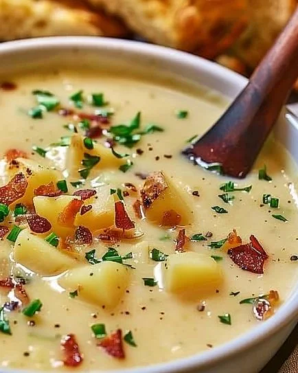 Bowl of creamy baked potato soup garnished with chives and bacon bits