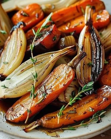 Balsamic roasted fennel and carrots on a serving plate, garnished with herbs.