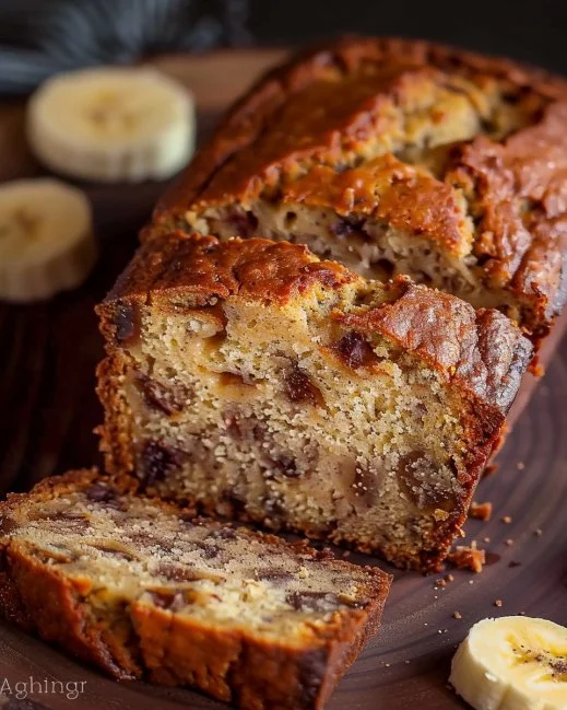 Banana Bread 2 Loaf of freshly baked banana bread on a wooden table.