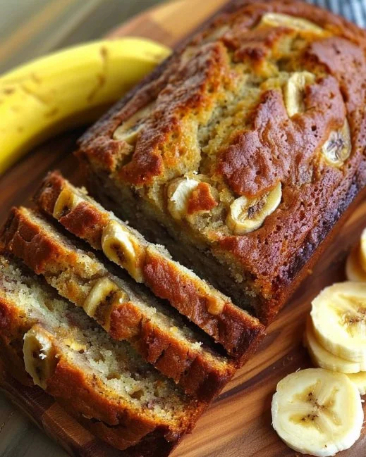 Banana Bread 2 Freshly baked banana bread loaf with dark brown crust and sliced pieces.