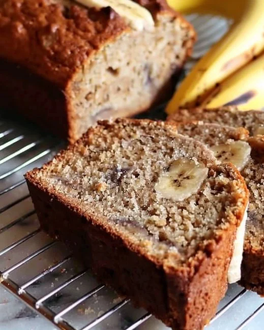 Freshly baked banana bread with sliced bananas on top