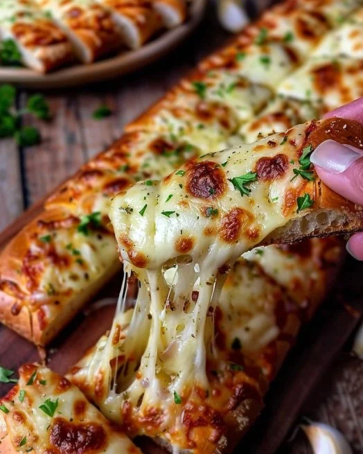 Deliciously cheesy garlic bread, perfectly baked and garnished with herbs.