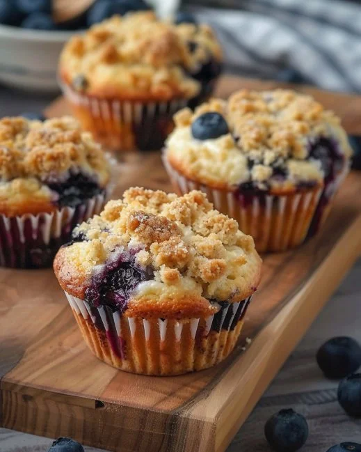 Blueberry Cheesecake Crumble Muffins 2 Blueberry cheesecake crumble muffins with fresh blueberries and crumble topping