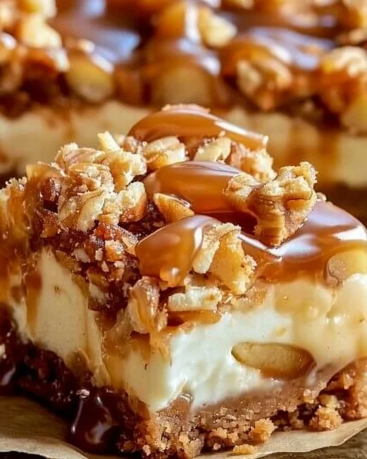 Caramel Apple Cheesecake Bars 2 Caramel apple cheesecake bars topped with caramel drizzle and apple slices