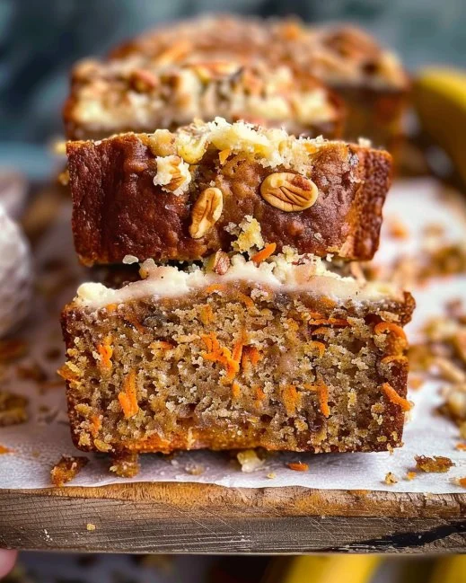 Carrot Cake Banana Bread recipe 2 Delicious carrot cake banana bread slice on a wooden board