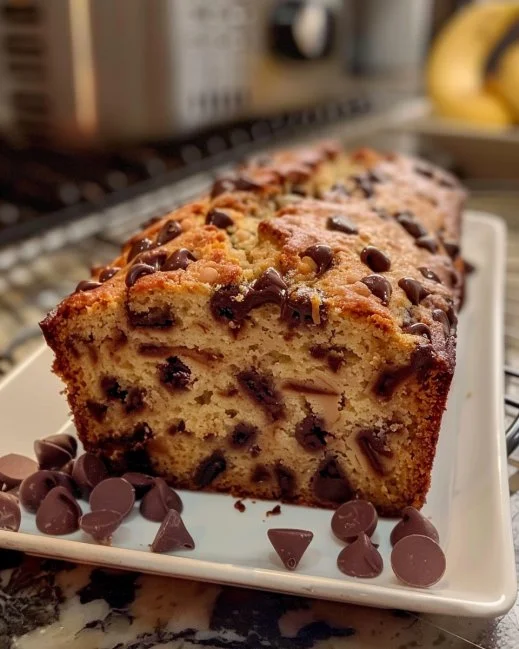 Delicious chocolate chip banana bread fresh out of the oven