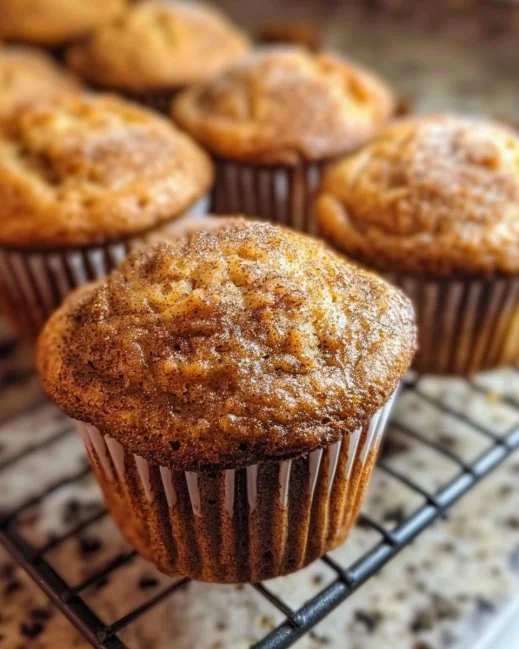 Cinnamon banana bread muffins arranged on a white plate with a sprinkle of cinnamon.