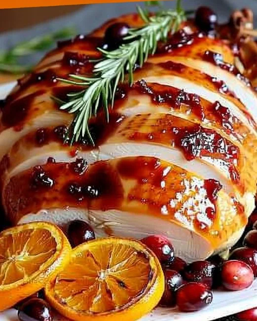 Cranberry Orange Glazed Turkey Breast served with a garnish.