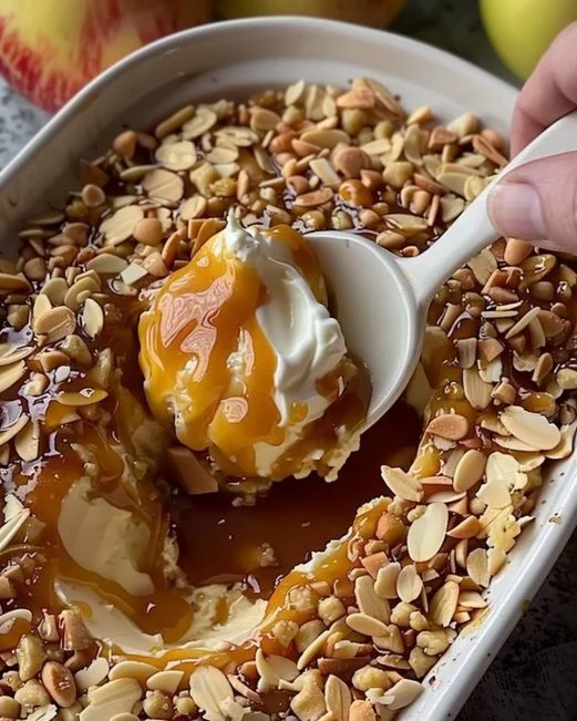 Cream Cheese Caramel Apple Dip 2 Delicious cream cheese caramel apple dip served with fresh apple slices.