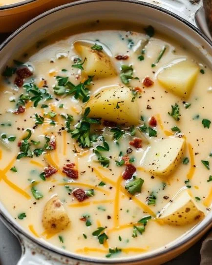 Creamy Outback-style potato soup served in a bowl with fresh herbs