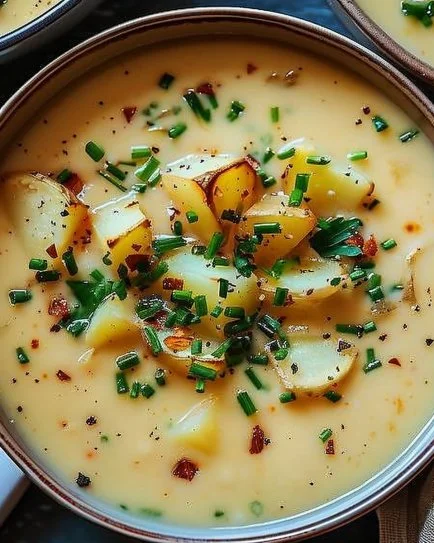 Bowl of creamy potato soup garnished with herbs and spices