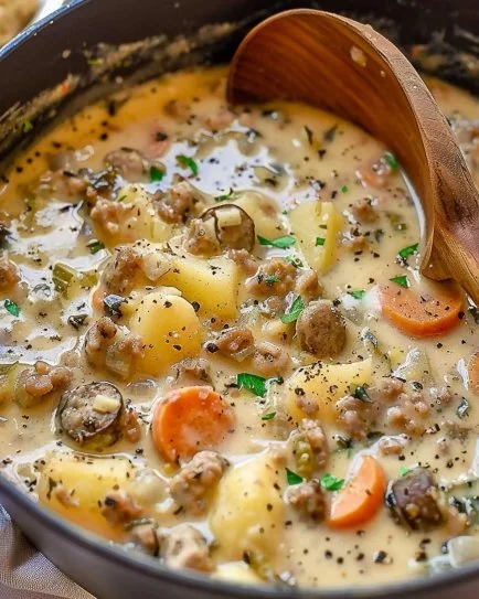 Bowl of creamy potato soup with sausage garnished with green onions