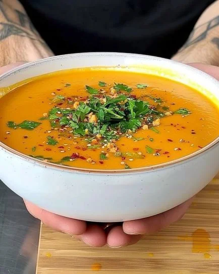 Creamy Pumpkin and Sweet Potato Soup 2 Creamy pumpkin and sweet potato soup in a bowl garnished with herbs