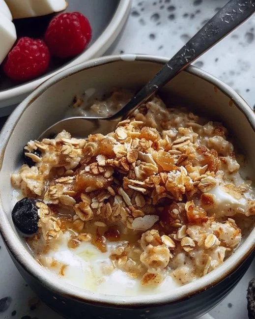 Bowl of creamy scrambled oats topped with fresh fruits and nuts
