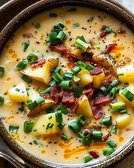 Bowl of hearty crockpot potato soup served with a sprinkle of herbs