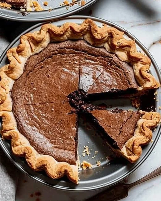 Slice of Dark Chocolate Chess Pie topped with whipped cream