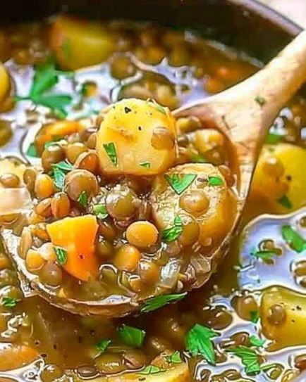 Bowl of easy lentil potato soup topped with herbs and spices.