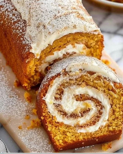 Delicious fall pumpkin spice roll cake with cream cheese filling and seasonal spices