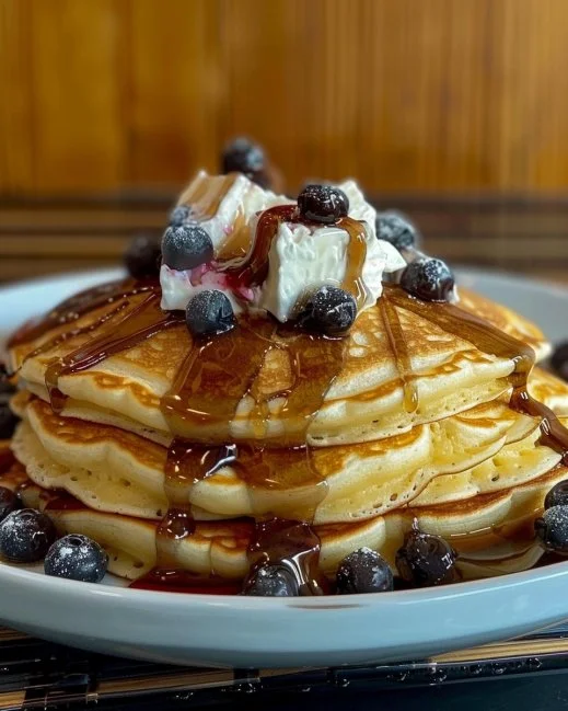Fluffy Buttermilk Pancakes 2 Fluffy buttermilk pancakes stacked with syrup