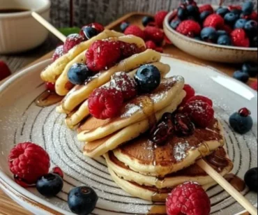Stack of fluffy gluten-free pancakes topped with fresh berries and syrup