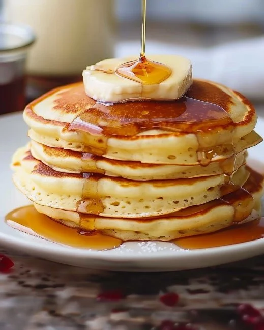 Stack of fluffy homemade pancakes with syrup and fresh berries