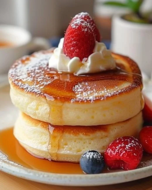 Fluffy Japanese Soufflé Pancakes 2 Fluffy Japanese soufflé pancakes stacked on a plate with syrup