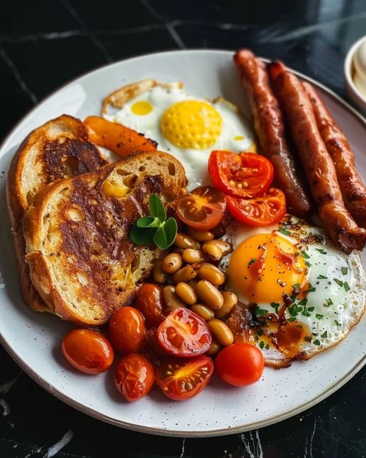 Full English Breakfast 2 Delicious full English breakfast with eggs, bacon, and sausages served on a plate.