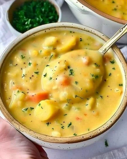 Delicious bowl of traditional German Potato Soup garnished with herbs