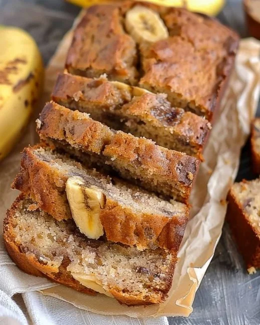 Slice of guilt-free banana bread with ripe bananas and nuts