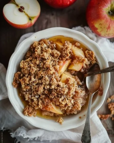 Healthy breakfast apple crumble topped with oats and nuts
