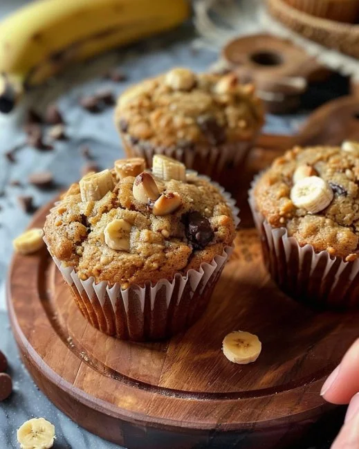 Healthy peanut butter banana muffins on a wooden table