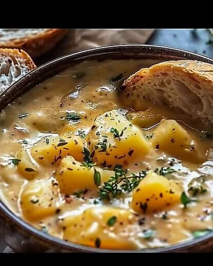 Bowl of hearty cheddar garlic herb potato soup garnished with herbs