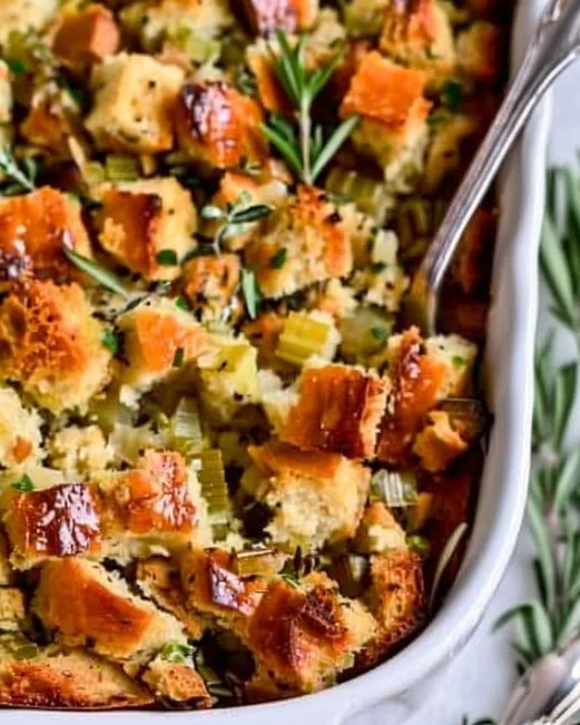 Herb-Packed Thanksgiving Stuffing 2 Herb-packed Thanksgiving stuffing recipe with fresh herbs and bread cubes.