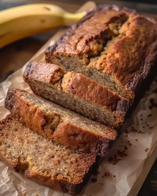 Freshly baked homemade banana bread loaf on a wooden table