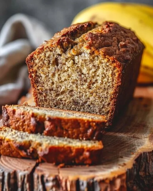 Freshly baked homemade banana bread with slices on a wooden cutting board.