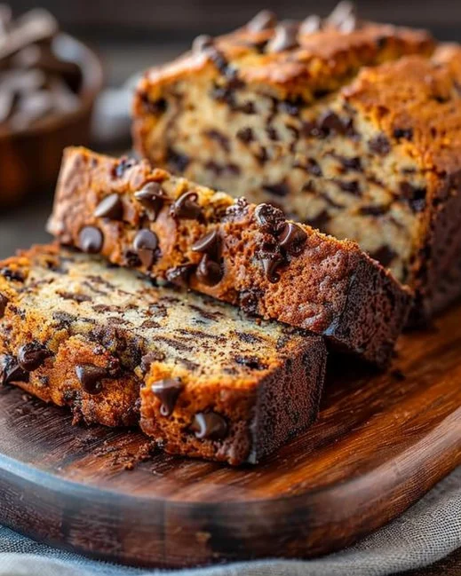 Loaf of homemade banana bread with chocolate chips on a wooden cutting board