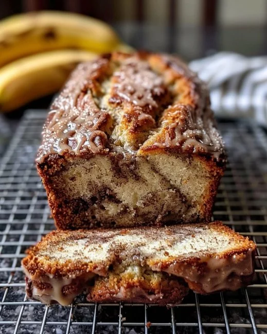 Loaf of homemade cinnamon swirl banana bread with slices on a wooden cutting board.