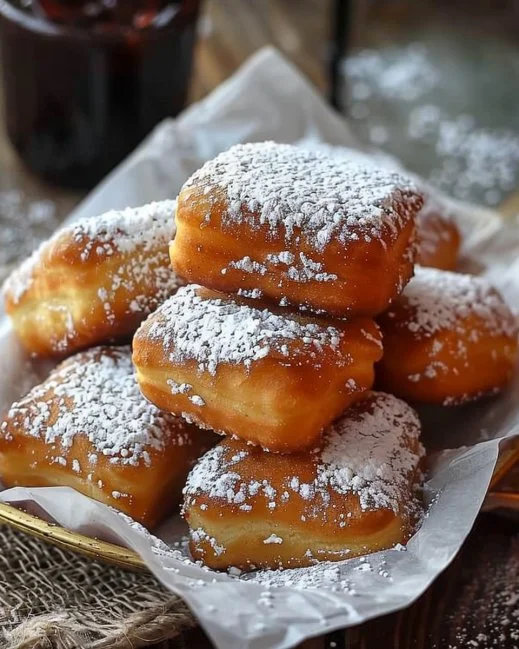 Homemade vanilla beignets topped with powdered sugar on a plate.