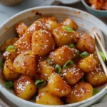 Korean Braised Potatoes (Gamja Jorim) served in a bowl with garnish.