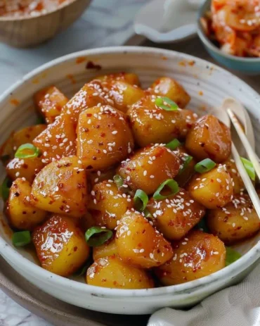 Korean Braised Potatoes (Gamja Jorim) served in a bowl with garnish.