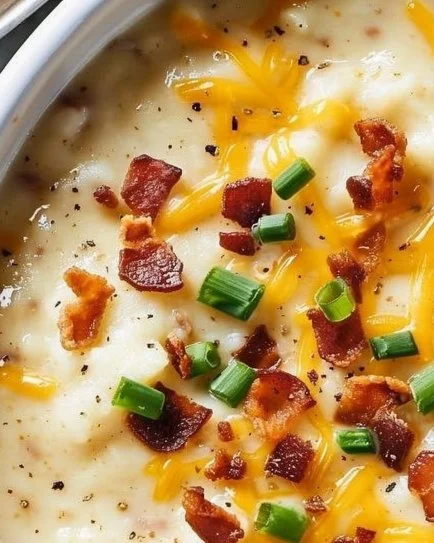 Bowl of creamy loaded potato soup topped with cheese and bacon.
