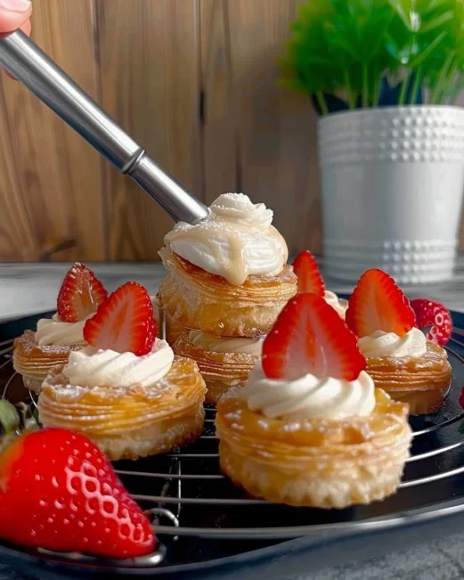 Mini puff pastries topped with cream and strawberries for a delicious dessert