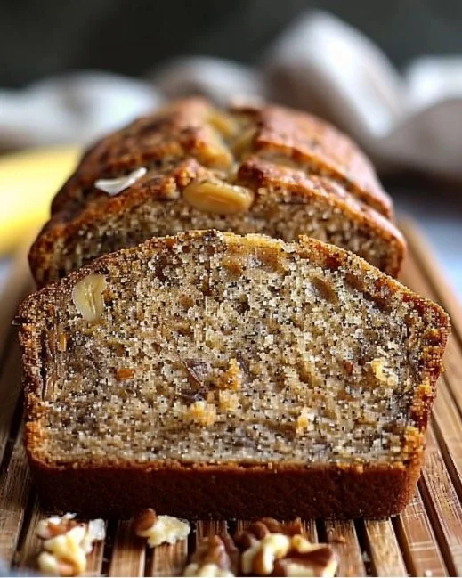 Deliciously moist banana nut bread sliced on a wooden board