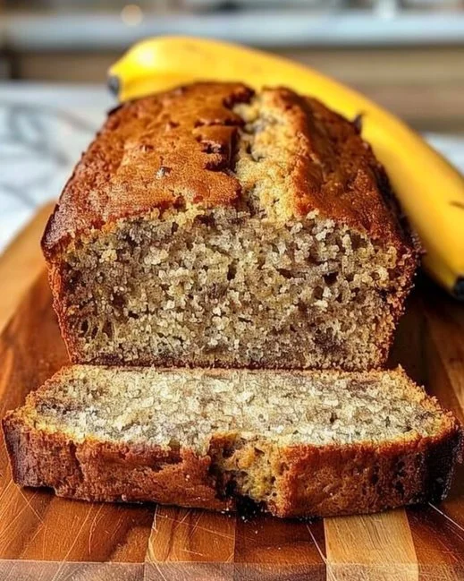 Deliciously moist homemade banana bread loaf on a wooden cutting board